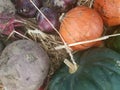 Still life with assortment cabbages on wooden table