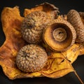 Still life of autumn  elements including acorn caps and oak leaves Royalty Free Stock Photo