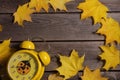 .Still life of autumn fallen leaves and office supplies on a wooden background Royalty Free Stock Photo