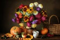 Still life with autumn flowers and pumpkins Royalty Free Stock Photo