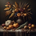 Still life autumn harvest with pumpkins, pears, apples, grapes