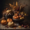 Still life autumn harvest with pumpkins, pears, apples, grapes