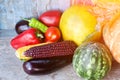 Still life of autumn vegetables: melon and watermelon, corn, eggplant, peppers, tomatoes Royalty Free Stock Photo