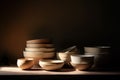 Still life background of ceramic plates and bowls