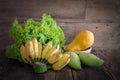 Still life backyard garden banana, papaya, mango and lettuce