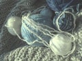 Still life of balls of yarn, woolen and acrylic threads, knitting needles, knitted products. Soft light from the window. Knitting Royalty Free Stock Photo