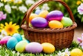 Still life of a basket filled with colorful Easter eggs, surrounded by spring flowers, with blurred garden backdrop. AI Royalty Free Stock Photo