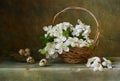 Still life with a basket of flowers apple Royalty Free Stock Photo