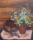 Still life of a basket of mushrooms and wild flowers. Original oil painting on canvas.