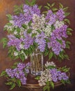 Still life with beautiful blooming pink, violet, purple and white lilac in glass vase on the table. Original oil