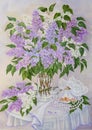 Still life with beautiful blooming pink, violet, purple and white lilac in glass vase on the table. Original oil