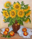 Still life - beautiful blooming sunflowers in vase on table with fresh red apples from a garden. Original oil painting. Royalty Free Stock Photo