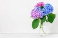 Still life with a beautiful bouquet of pink and blue hydrangea flowers. holiday or wedding background with copy space Royalty Free Stock Photo