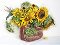 Still life with a beautiful bouquet of sunflower flowers in a vase with water on the table, white background