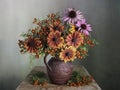 Still life with a beautiful bouquet of sunflower flowers in a vase with water on the table, white background Royalty Free Stock Photo