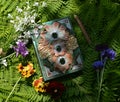 Still life with beautiful magic book of spells and flowers against green leaves. Occult, esoteric and witchcraft concept. Mystic Royalty Free Stock Photo