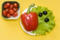 Still life of bell pepper, tomato cherry, lettuce and olives Royalty Free Stock Photo