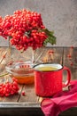 Still life berries of a viburnum in a glass and mug of hot tea and honey Royalty Free Stock Photo