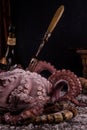 Still life with big octopus with curved tentacles, old vintage dish and bottle on dark background. Preparation delicious dinner