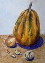 Still life with a big pumpkin. Drawing oil pastels on paper. Royalty Free Stock Photo