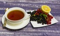 Still life black, red currant, half lemon and a Cup of tea on a dark background Royalty Free Stock Photo