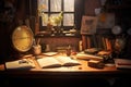 Still life with books, alarm clock and other items on the table, a cozy reading table with books near a closed window, vintage