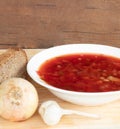 Borscht plate with onion with garlic and herbs Royalty Free Stock Photo