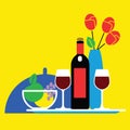 Still life, bottle and glass of red wine, fruit plate and vase with flowers, celebration dinner concept, romantic table