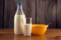 Still life of bottle of milk, glass of milk and yellow plastic bowl