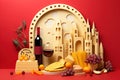 Still life with a bottle of wine, a glass, a set of different types of cheeses and fruits on wooden scenes. Created using Royalty Free Stock Photo