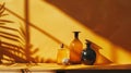 Still life of bottles casting shadows on a yellow background Royalty Free Stock Photo