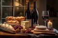 Still life, bottles of wine and two glasses of red wine on kitchen counter top with baked cakes and cheese on authentic