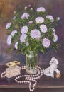 Still life of bouquet asters in a glass jug with beads and figurine of a dog on a table. Original oil painting on canvas Royalty Free Stock Photo