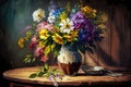 Still life bouquet of colorful flowers in a vase. Impressionist vintage oil painting of wildflowers. Spring art. Royalty Free Stock Photo