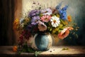 Still life bouquet of colorful flowers in a vase. Impressionist vintage oil painting of wildflowers. Spring art. Royalty Free Stock Photo
