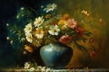 Still life bouquet of colorful flowers in a vase. Impressionist vintage oil painting of wildflowers. Spring art.