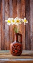 Still life of a bouquet of daffodils flowers in an old ceramic jug on a wooden vintage grunge background