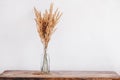 Still life of a bouquet of dried flowers in a glass bottle on a wooden table. Place for text or advertising. View from above Royalty Free Stock Photo