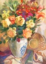 Still life with a bouquet of flowers. Gouache painting