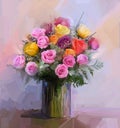 Still life a bouquet of flowers. Oil painting red and yellow rose flowers in vase Royalty Free Stock Photo