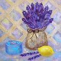 Still life with bouquet of lavender in a canvas bag, lemon and box. Oil art. Provance style. Violet pastel colors
