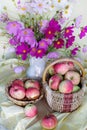 Still life with a bouquet of pink flowers in a vase and a basket of natural, ripe apples on a light background