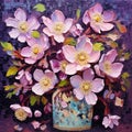 Still life with a bouquet of pink lenten rose flowers in a blue vase. Digital oil painting for print. Generative AI Royalty Free Stock Photo