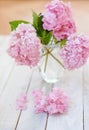 A still life with a bouquet of pink phloxes in a transparent vase against a wooden background.