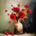 Still life of bouquet of red poppy flowers, square oil painting, impasto. Generative AI Royalty Free Stock Photo