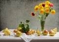 Still life with bouquet of summer flowers in a jar and fresh pea Royalty Free Stock Photo