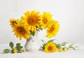 Still life with bouquet of sunflowers, and cherry plums Royalty Free Stock Photo