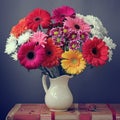 Still life with a bouquet of Transvaal daisies in a white jug.