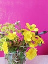 Still life with a bouquet of wild flowers,  field bell,chamomile, carnation flower, lavender,Top view, close up Template for poste Royalty Free Stock Photo