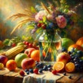 Still life with a bouquet of wildflowers, apples, oranges and berries in a vase